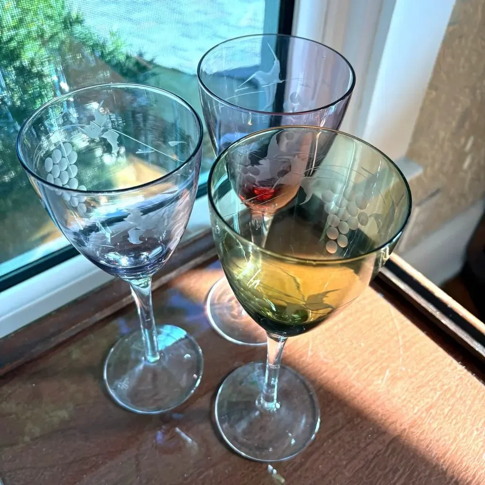 Hand Blown Wine Glasses Green & Purple Etched Grape Set of 3
